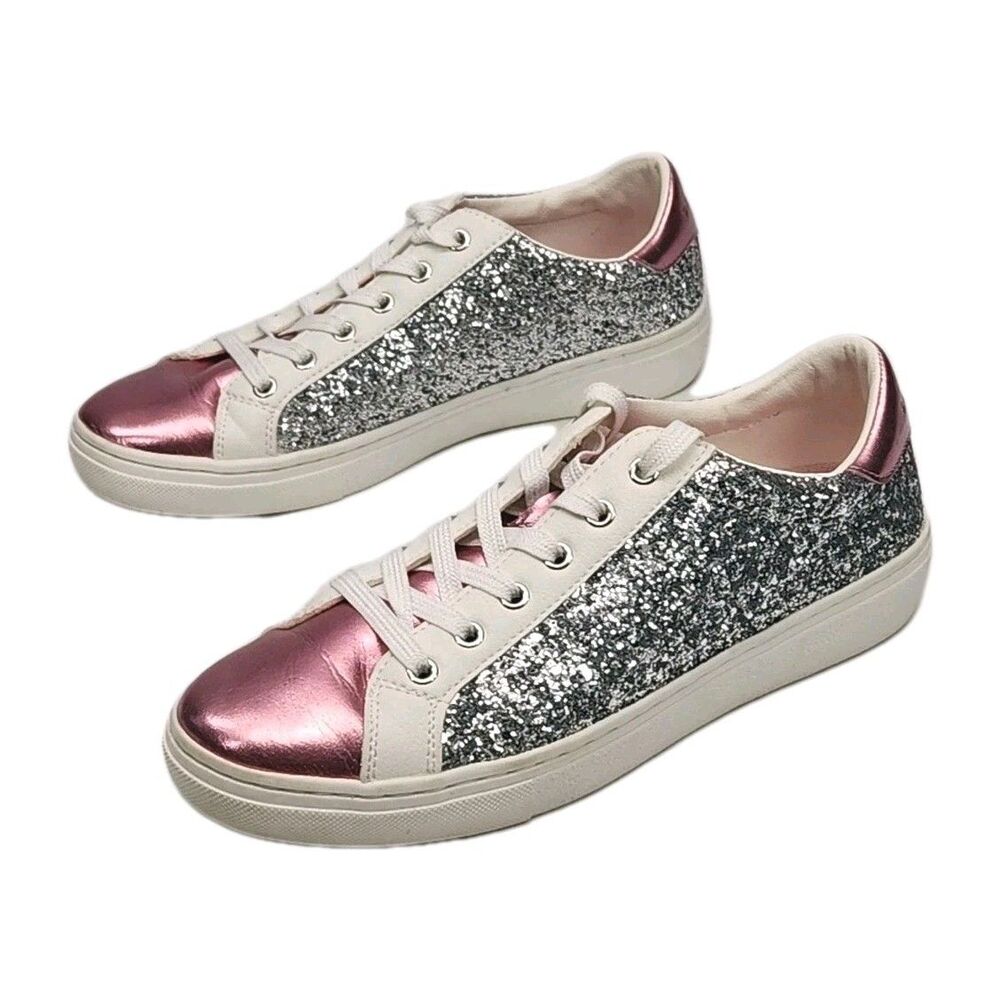 Skechers Sneaker Shoe Women Sz 7.5 Pink Silver Glitter Memory Foam Sparkly155215